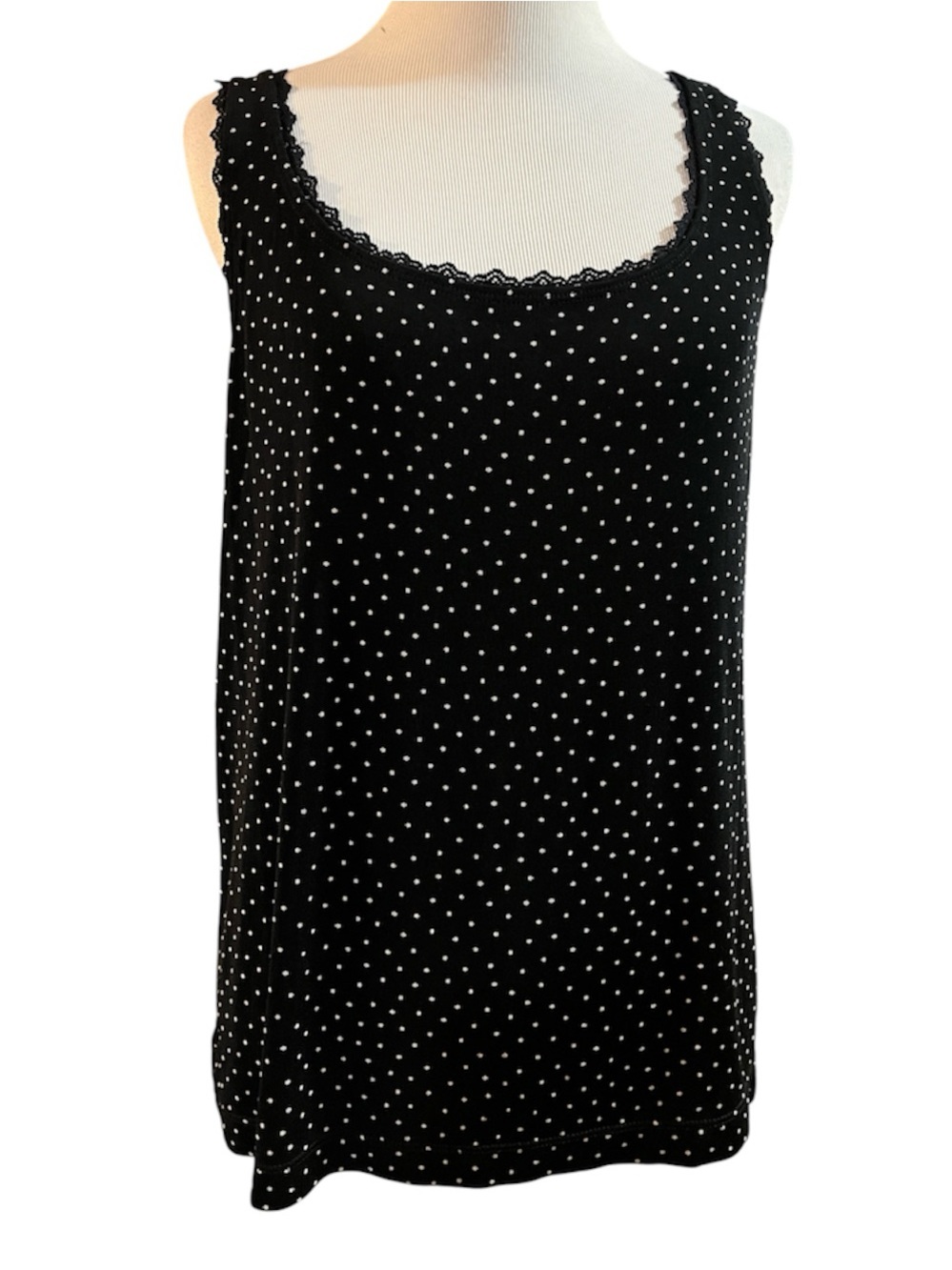 VINTAGE CHICO’S POLKA DOT PEEK-A-BOO LACE TRIM CAMI BLACK WHITE CHICOS SIZE 3 LG